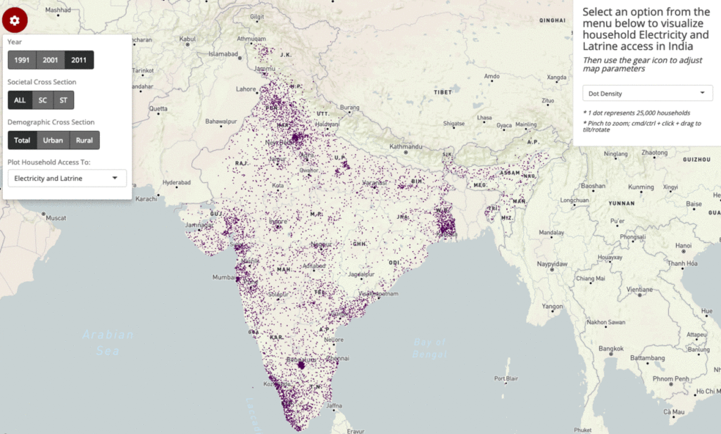 thematic mapping, india's households with access to electricity and latrines dot density map