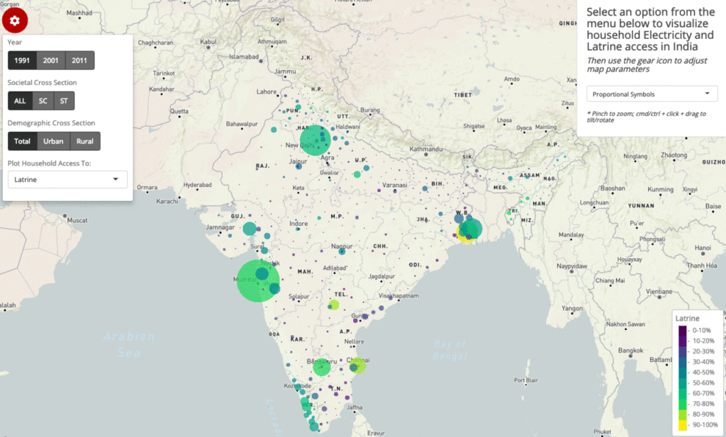 thematic mapping, india's household access to latrines proportional symbols map